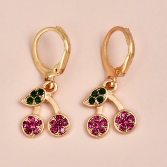 Other - NEW!! Purple Pink Green & Gold CHERRY Hoop EARRINGS!! BEAUTIFUL GIFT